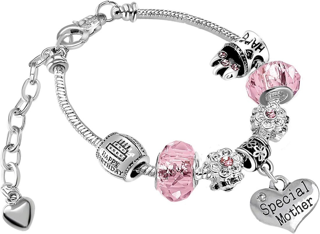 Ladies Personalised Sparkly Pink Crystal Adjustable Birthday Charm Bracelet with Gift Box for Women Birthday Gifts for Her Mum Daughter Sister Auntie Granddaughter Niece Best Friend