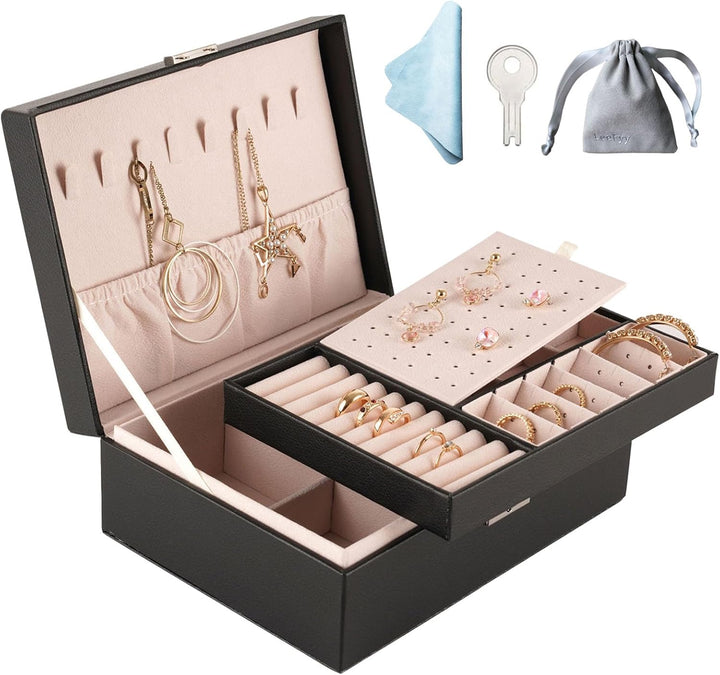 Jewellery Box Organiser Jewelry Storage Box for Women Girl, 2 Layers, Leather Jewellery Organiser Box with Removable Tray & Hangers for Necklace Earrings Rings Bracelets, Lockable Design Black