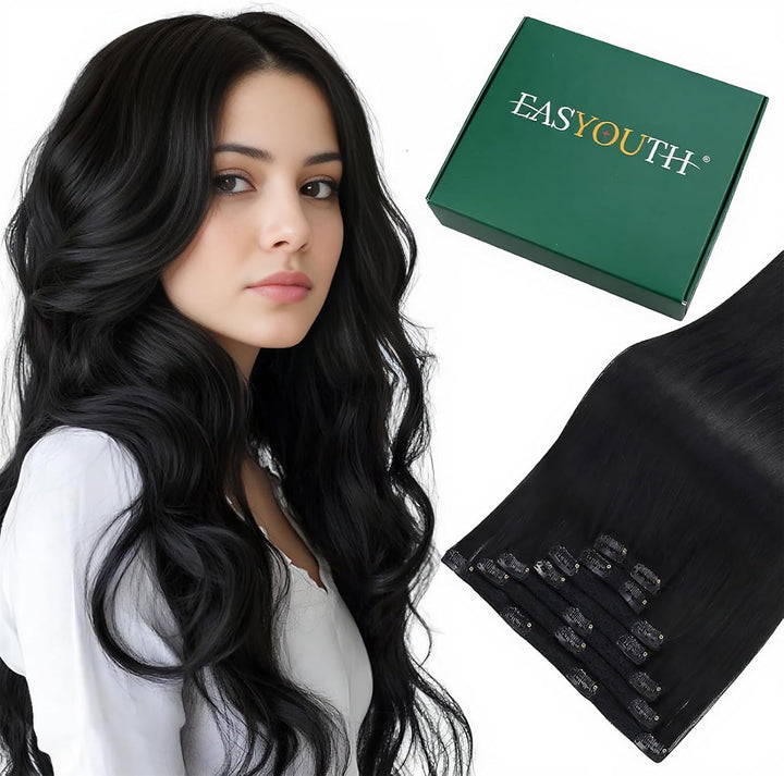 Easyouth Clip in Extensions Real Human Hair Black Clip ins Extensions Straight Jet Black Clip-in Real Hair Extension Double Weft for Daily Life 16 Inch 120g 7Pcs #1
