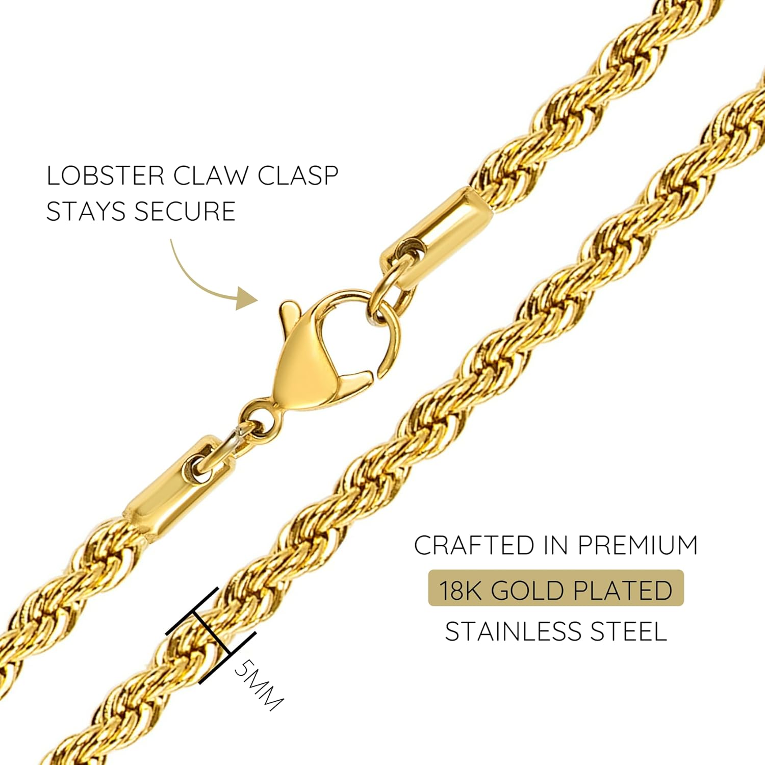 KISPER 18k Gold Hip Hop Braided Rope Chain Necklace – 2mm, 3mm, 5mm Gold Plated Solid Stainless Steel Durable Jewelry for Women & Men with Lobster Clasp
