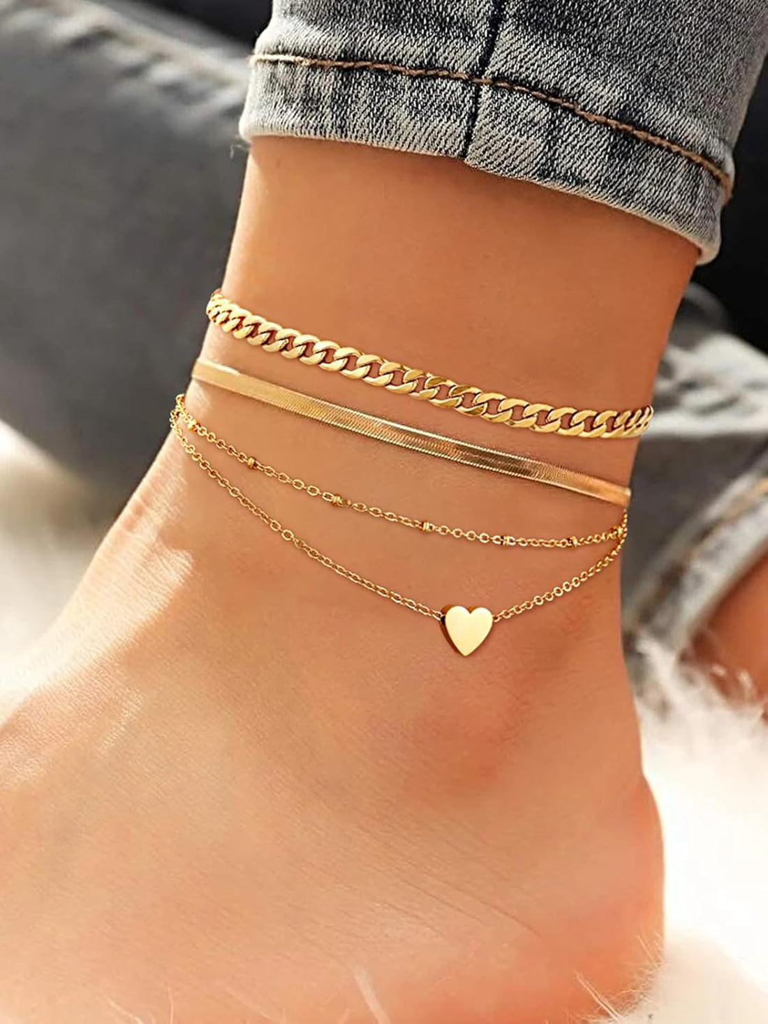 FOCALOOK Adjustable Layered Anklets for Women Summer Bracelets Waterproof Stainless Steel Ankle Bracelets Beach Foot Chains 8.5-10.5inch