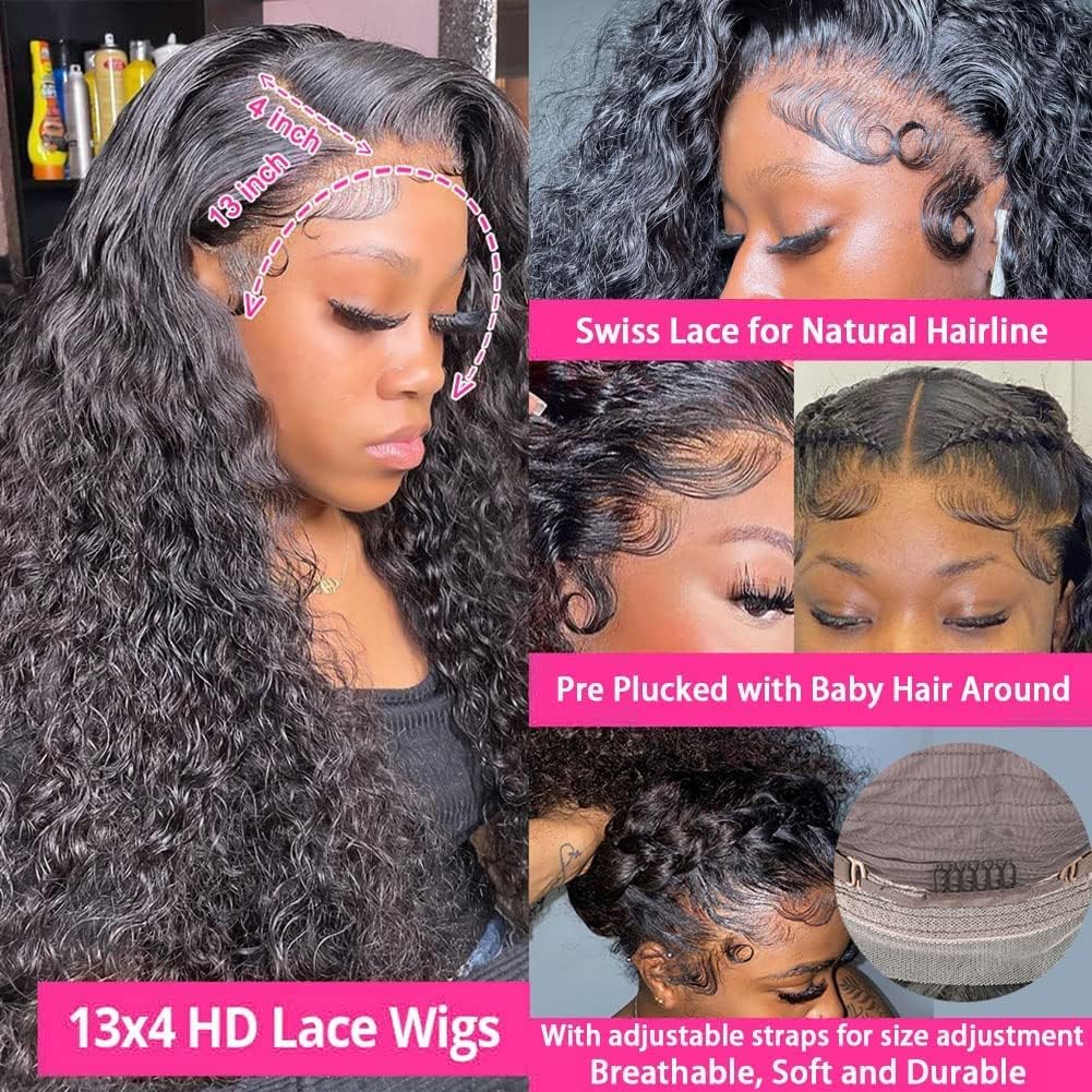 Bele Water Wave 13x4 Lace Front Wigs Human Hair 180% Density 26 inch Brazilian Deep Water Transparent Lace Front Wigs for Women Curly Hair Wig Natural Color