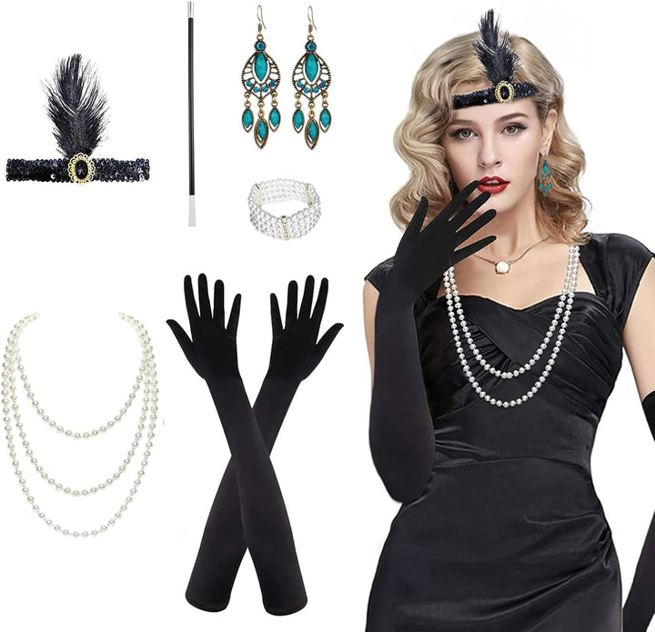 Vintage 1920s Flapper Great Gatsby Accessories - Fashion Roaring 20's Theme Set with Headband Headpiece, Long Black, 8 Pieces