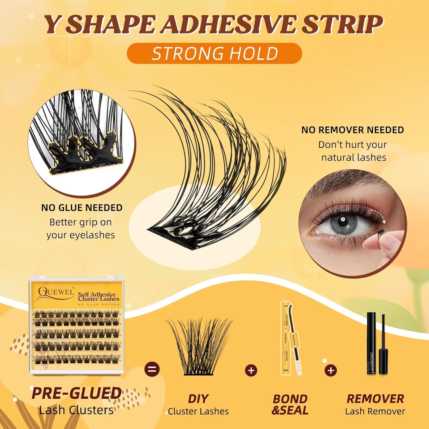 QUEWEL Pre Glued Eyelashes Natural Lash Clusters, C Curve Pre Glued Cluster Lashes, Strong Hold 10-16MM No Glue Needed Self Adhesive Eyelashes DIY at Home(MJ02-DH)