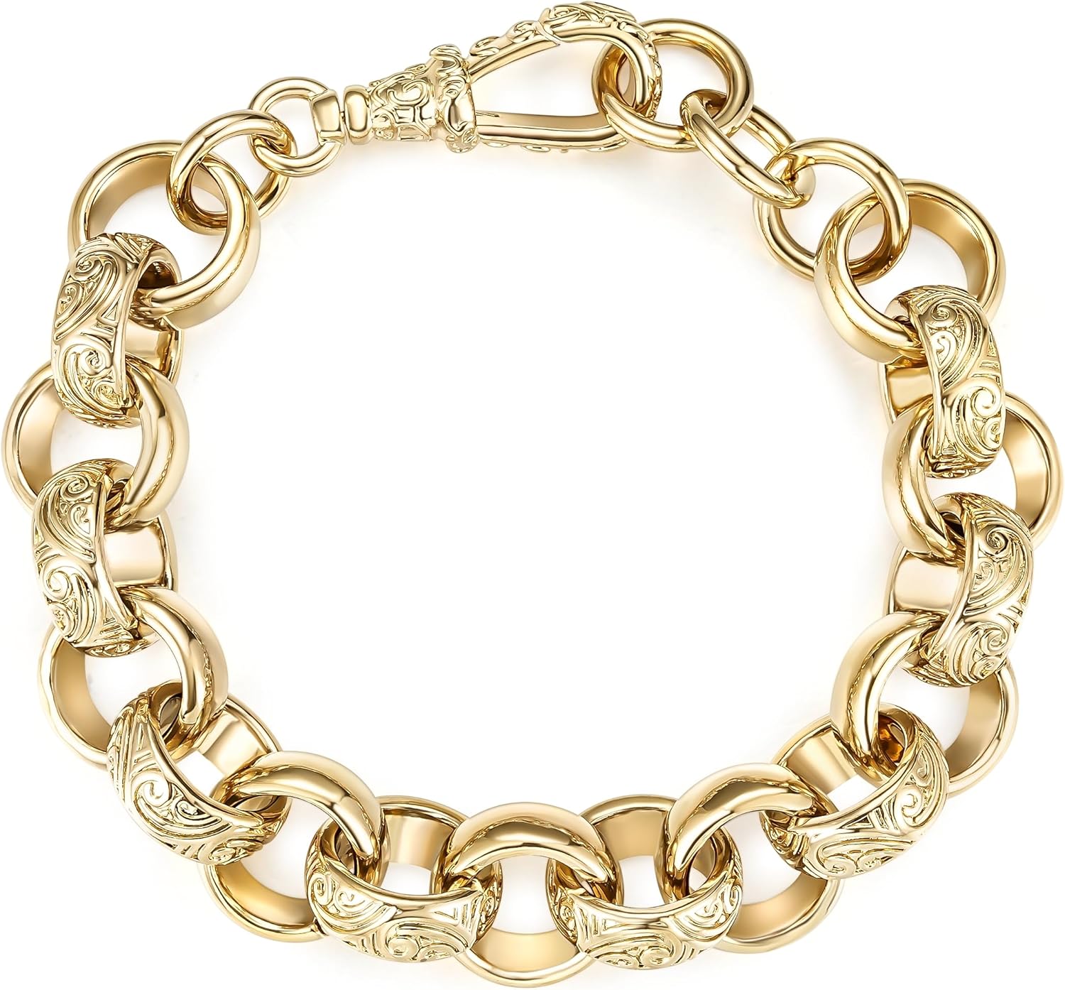 12mm/18mm Gold Ornate/Crystal Pattern Belcher Bracelet, 8-Inch, PVD Gold Plated – Bling King London