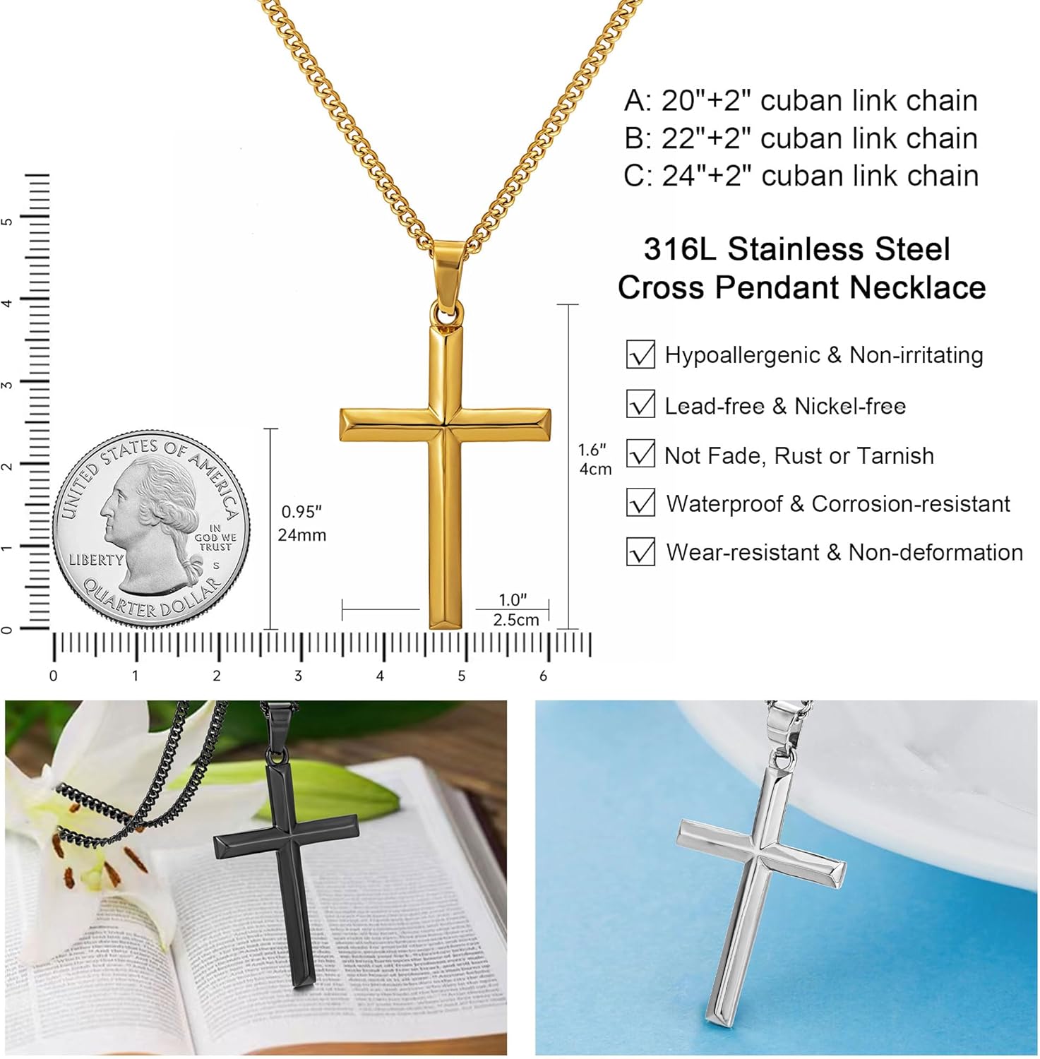Cross Necklace for Men, Stainless Steel Men's Cross Necklace, Chain with Cross Pendant Silver Black Gold, Stylish Gift for Men Him