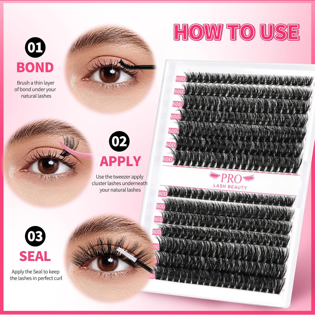 Cluster Lashes Kit 3D Style Individual Lashes Kit with 280 Pcs Lash Clusters Lash Bond and Seal Lash Tweezers Eyelash Remover Easy to Apply at Home