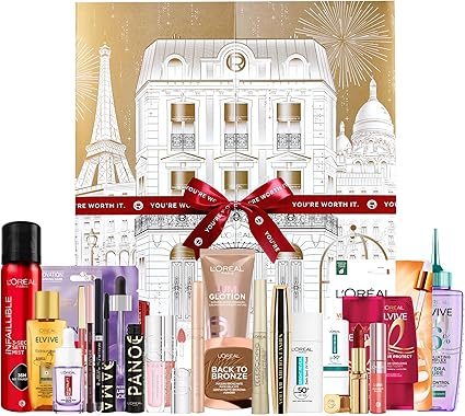 L'Oréal Paris 2025 24-Day Festive Beauty Advent Calendar Gift Set, Iconic Makeup, Skincare & Haircare Favourites, Giftset with Mascara, Lip Gloss, Lipstick, Skin & Hair Essentials, Worth Over £240