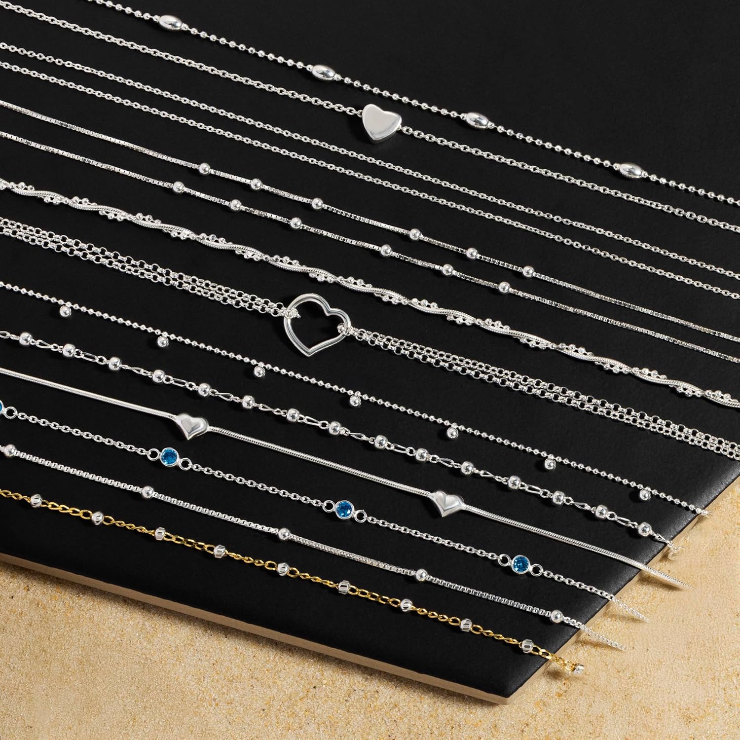 Amberta Italian Sterling Silver Anklet for Women 925 | Adjustable Ankle Bracelets for Women Beaded Heart Summer Jewellery