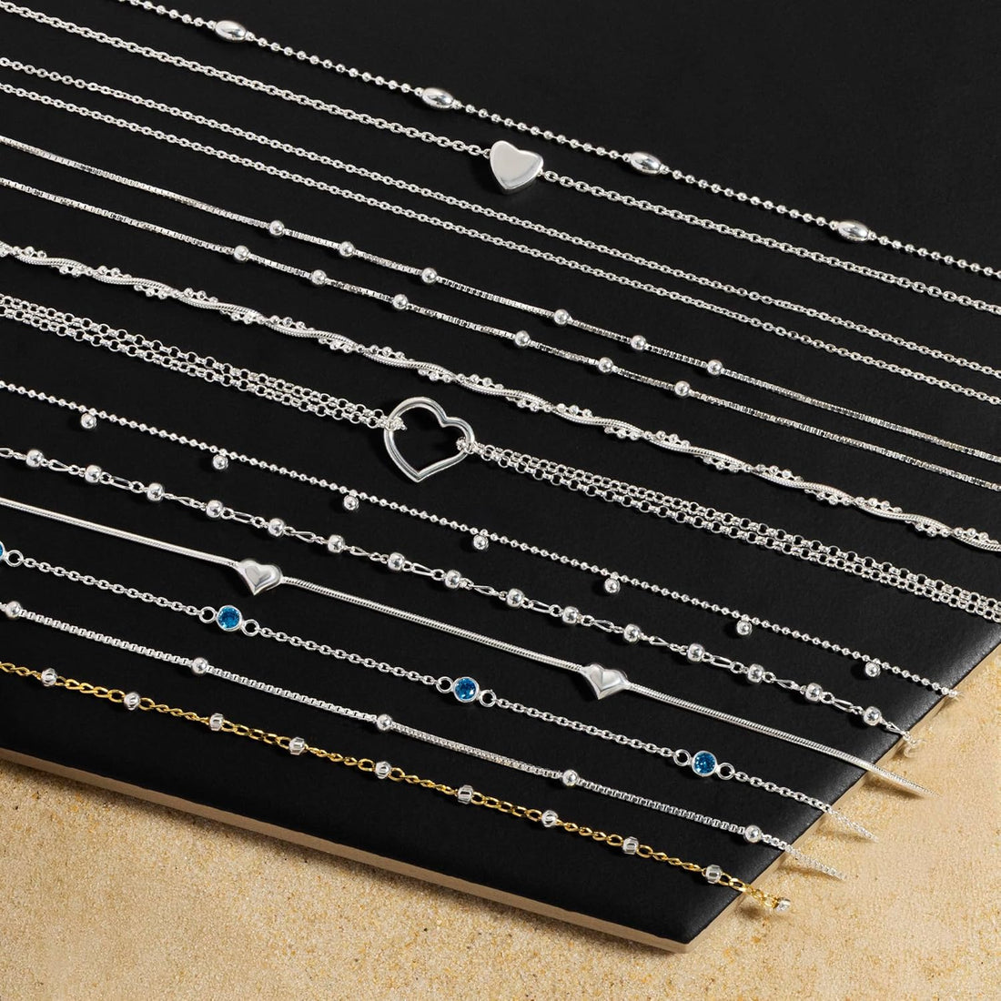 Amberta Italian Sterling Silver Anklet for Women 925 | Adjustable Ankle Bracelets for Women Beaded Heart Summer Jewellery