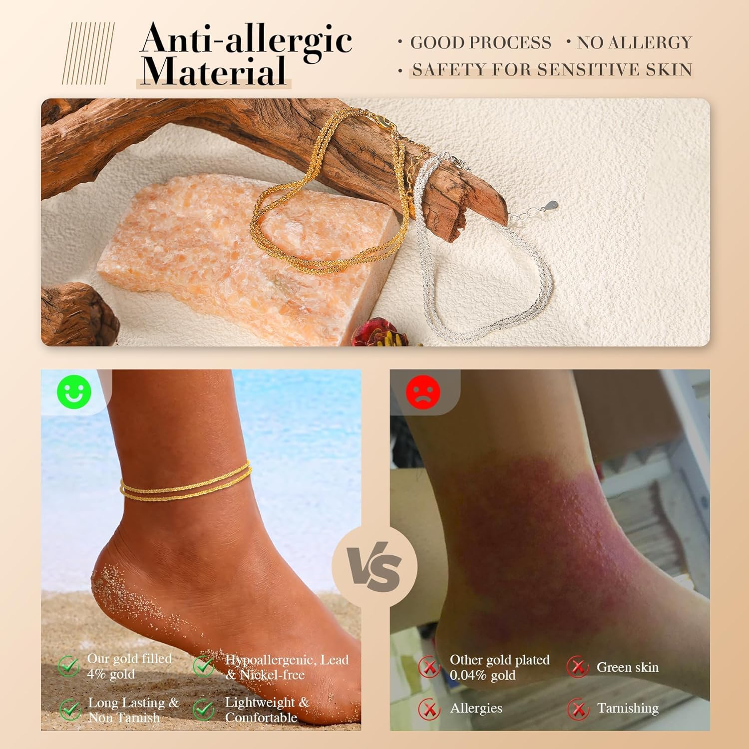 Kenivira Anklets for Women, Dainty Layered Waterproof Adjustable Anklet Set, Beaded Rope Link Beach Ankle Bracelets