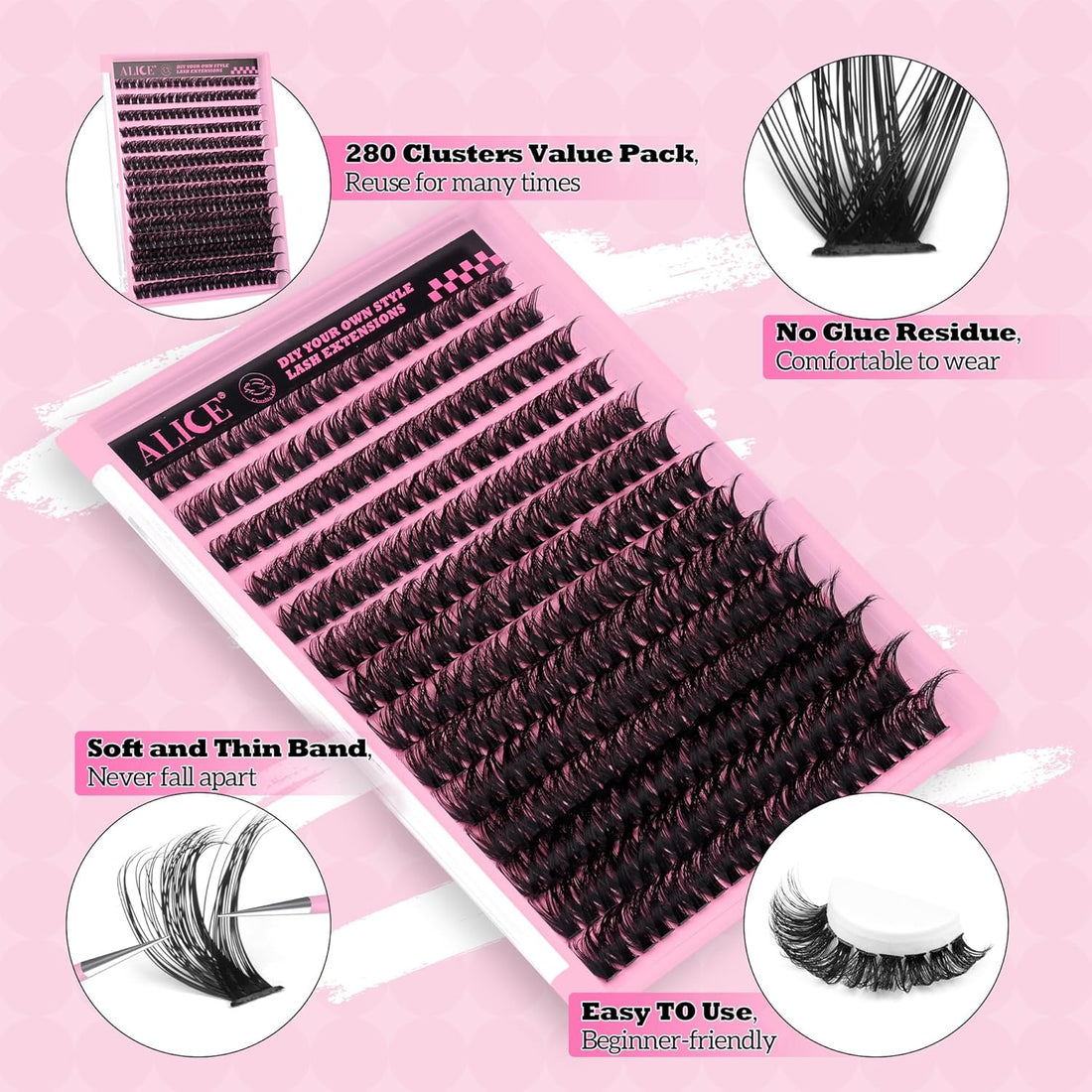 280Pcs Wispy Individual Lashes DIY Eyelash Extensions 8-16MM Fluffy D Curl Lash Extensions Lash Clusters 80D Cluster Eyelashes DIY at Home by ALICE