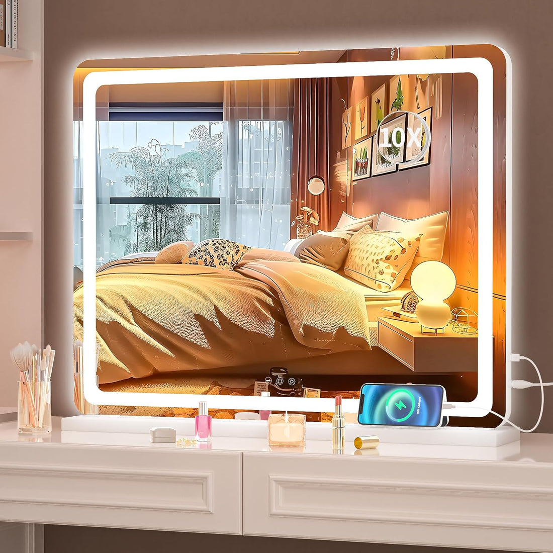 Hasipu Vanity Mirror with Lights, 58 x 48cm LED Makeup Mirror, Lighted Make up Mirrors with Dimmable 3 Modes, Touch Screen Control Vanity Mirrors Round White