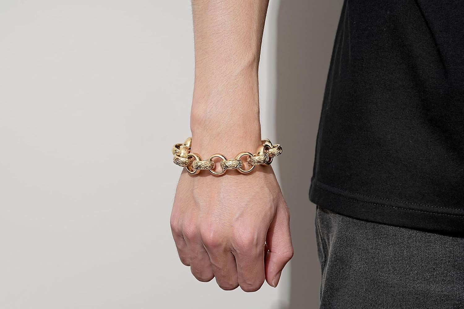 12mm/18mm Gold Ornate/Crystal Pattern Belcher Bracelet, 8-Inch, PVD Gold Plated – Bling King London