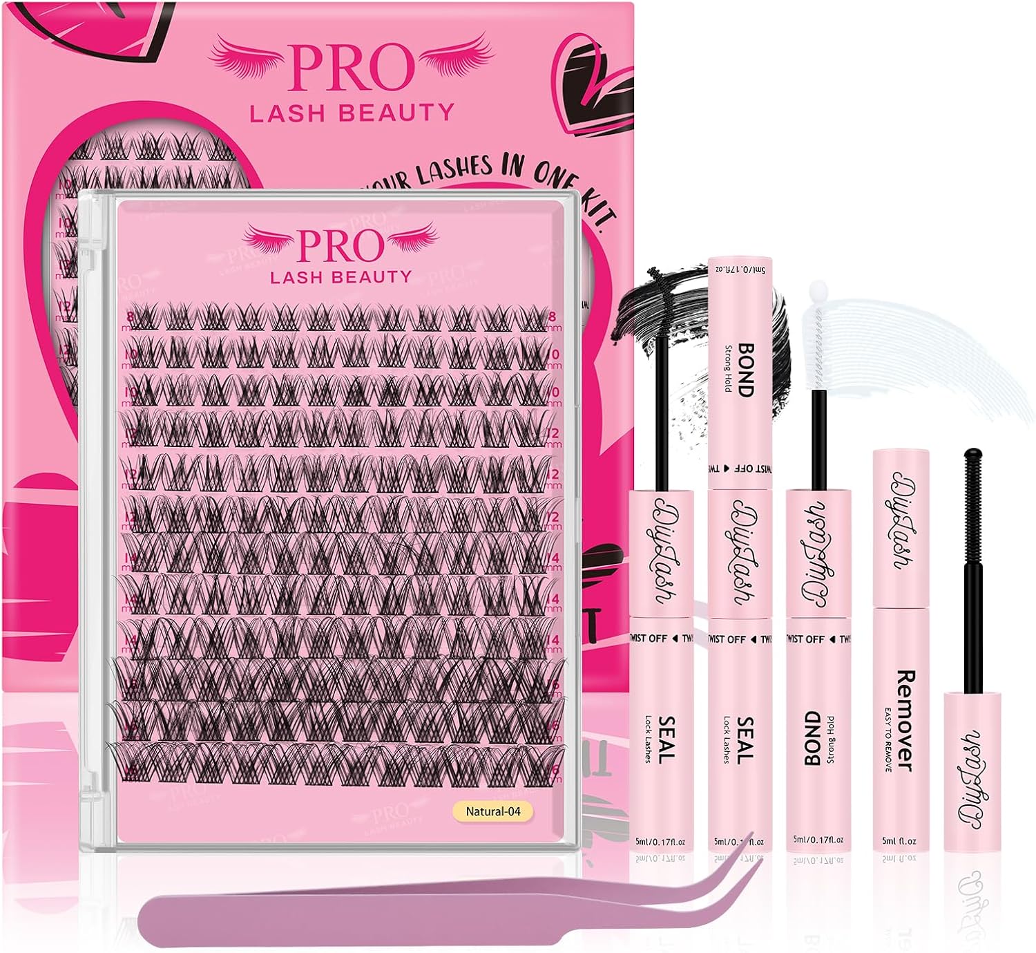 PRO Lash Extension Kit Natural Individual Lashes D Curl Cluster Eyelash 8-16mm Individual lashes Kit with Bond, Lash Remover, Seal (Natural04-8-16mix)