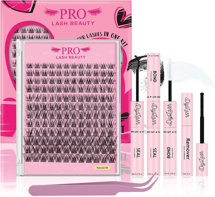PRO Lash Extension Kit Natural Individual Lashes D Curl Cluster Eyelash 8-16mm Individual lashes Kit with Bond, Lash Remover, Seal (Natural04-8-16mix)