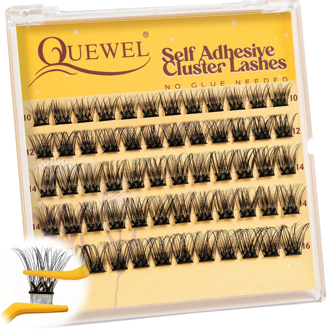 QUEWEL Pre Glued Eyelashes Natural Lash Clusters, C Curve Pre Glued Cluster Lashes, Strong Hold 10-16MM No Glue Needed Self Adhesive Eyelashes DIY at Home(MJ02-DH)