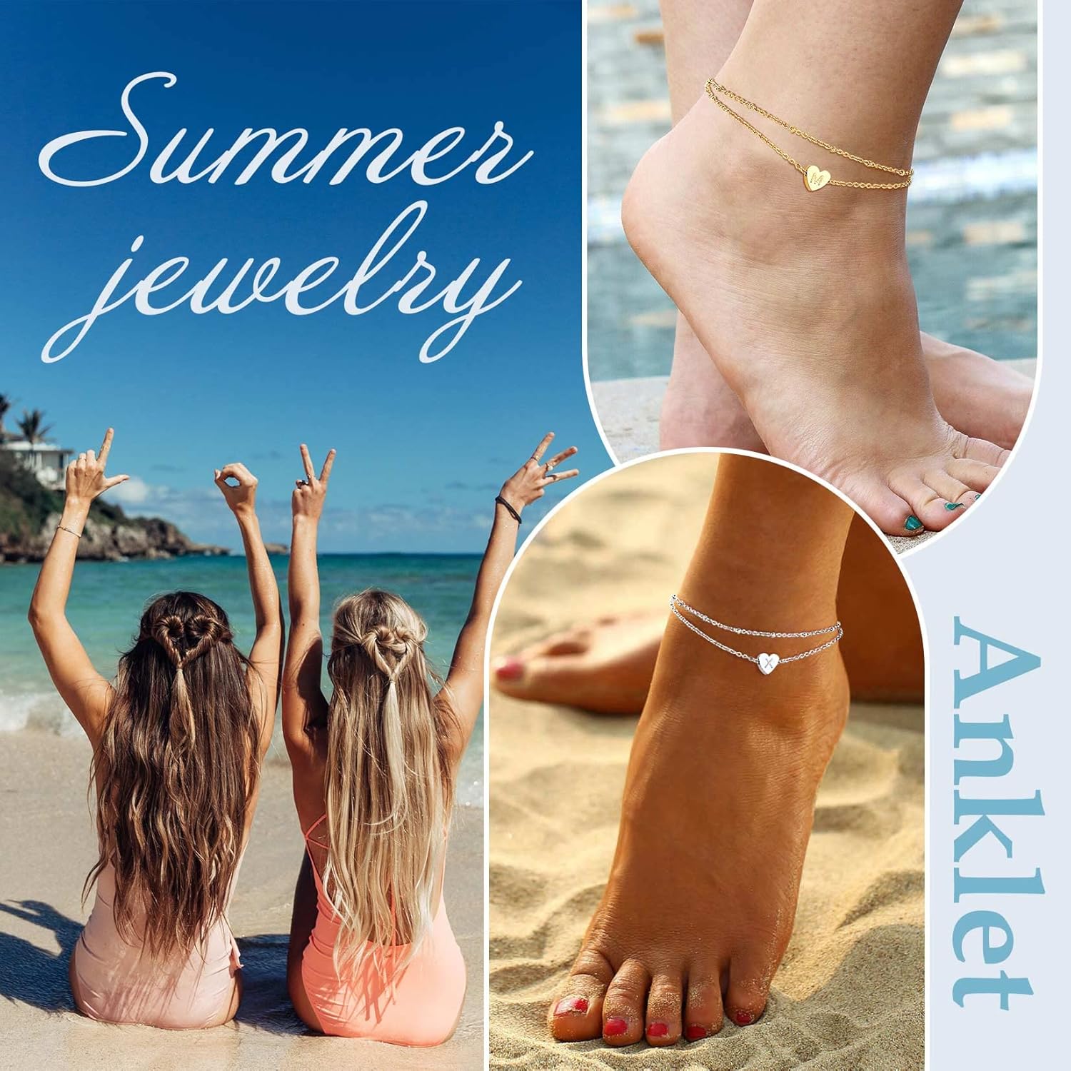 ChainsPro Women Initial Anklet, Heart Anklets for Women, A-Z Letter Ankle Bracelets Double-Layer, Adjustable Silver/Gold Plated Foot Chain Summer Beach