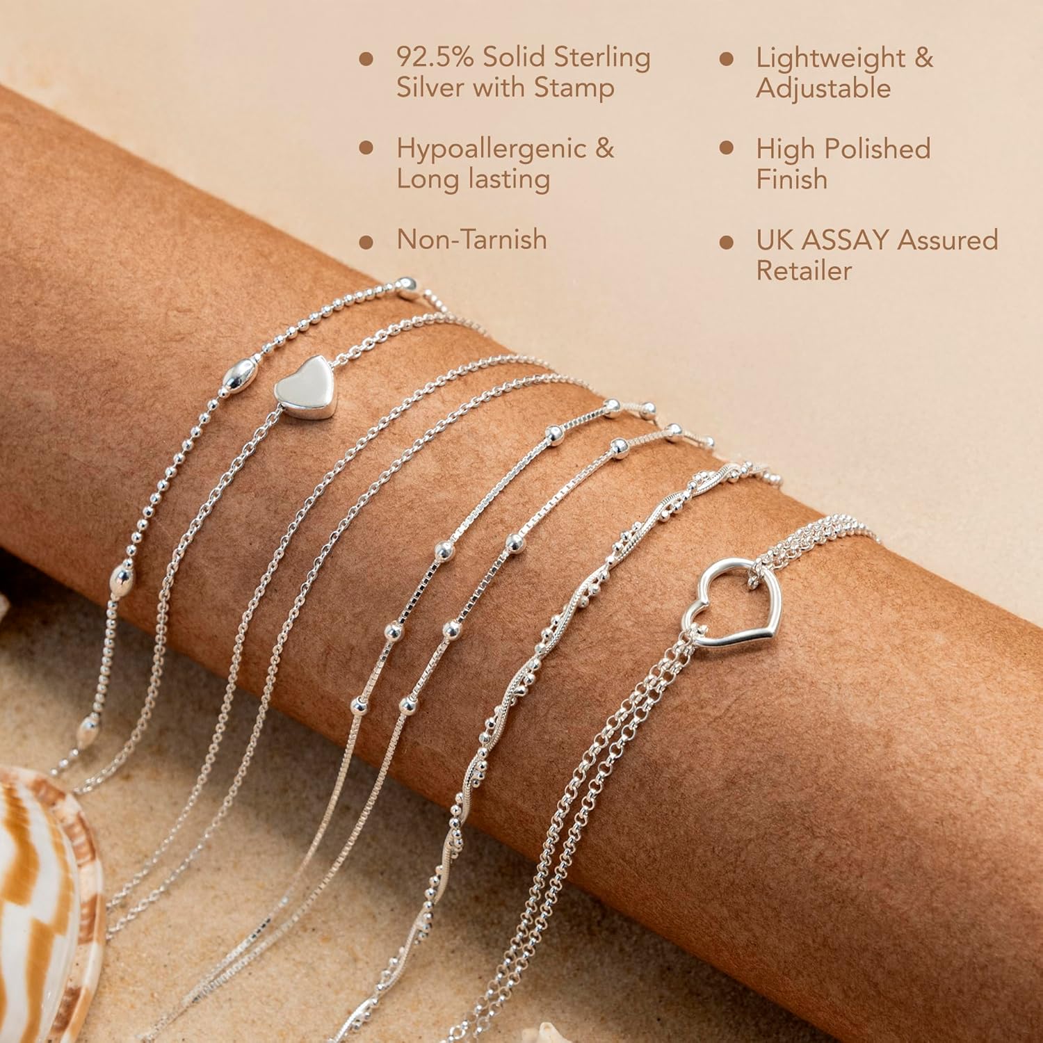 Amberta Italian Sterling Silver Anklet for Women 925 | Adjustable Ankle Bracelets for Women Beaded Heart Summer Jewellery
