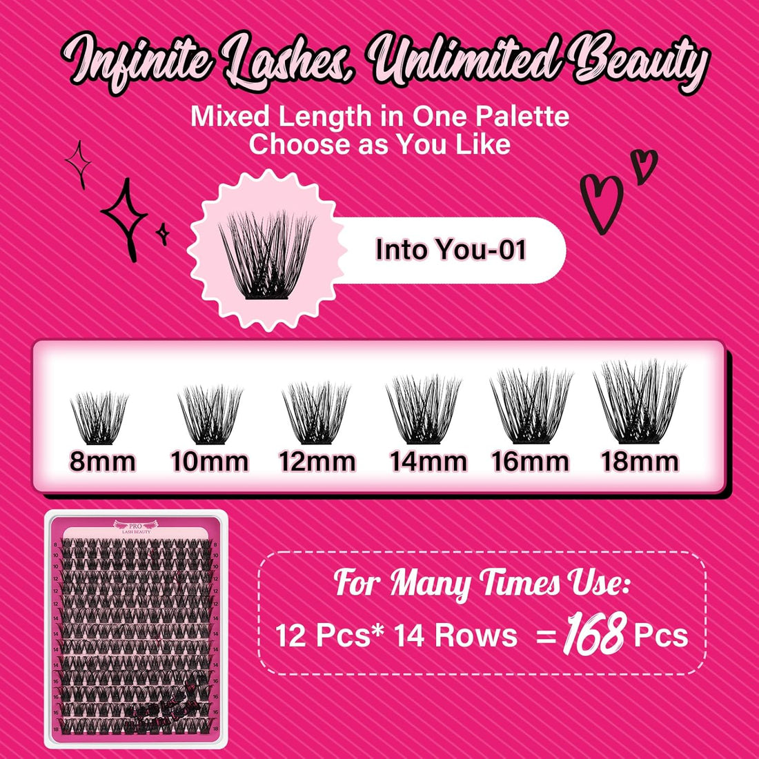 PRO Lash Clusters Kit DIY Lash Extension Kit with 168 Pcs Individual Lashes Cluster Lashes Bond and Seal Eyelash Applictor Lash Remover Eyelash Extension Kit for Beignner(Into You-01 Kit)