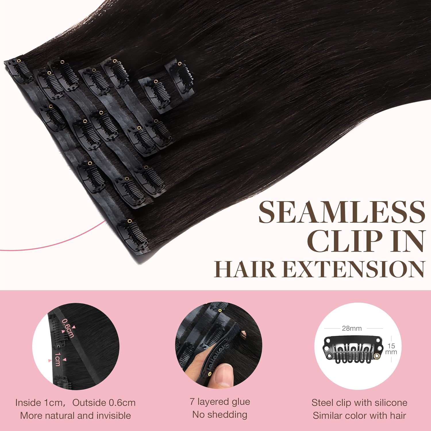 GOO GOO Seamless Clip in Human Hair Extensions, 16inch 110g 7pcs, Hair Extensions Clip in, 2 Dark Brown