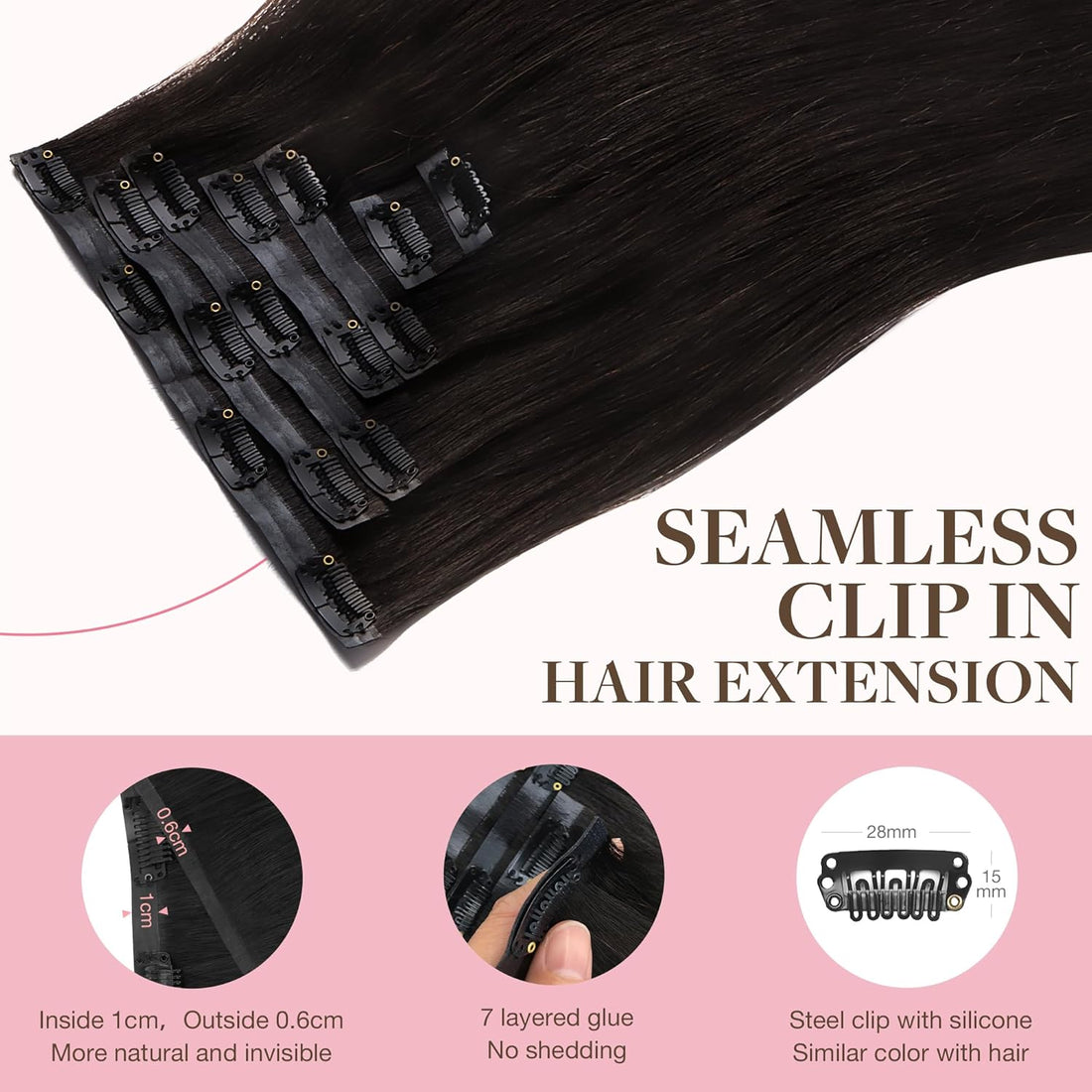 GOO GOO Seamless Clip in Human Hair Extensions, 16inch 110g 7pcs, Hair Extensions Clip in, 2 Dark Brown