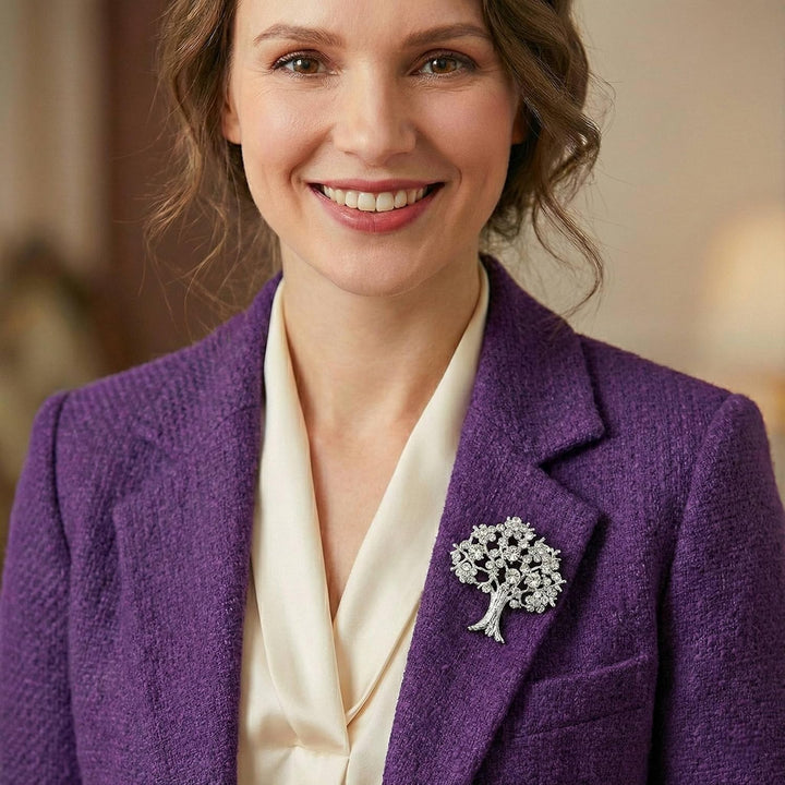 Avalaya Clear Crystal 'Tree of Life' Brooch in Rhodium Plating - 52mm Length