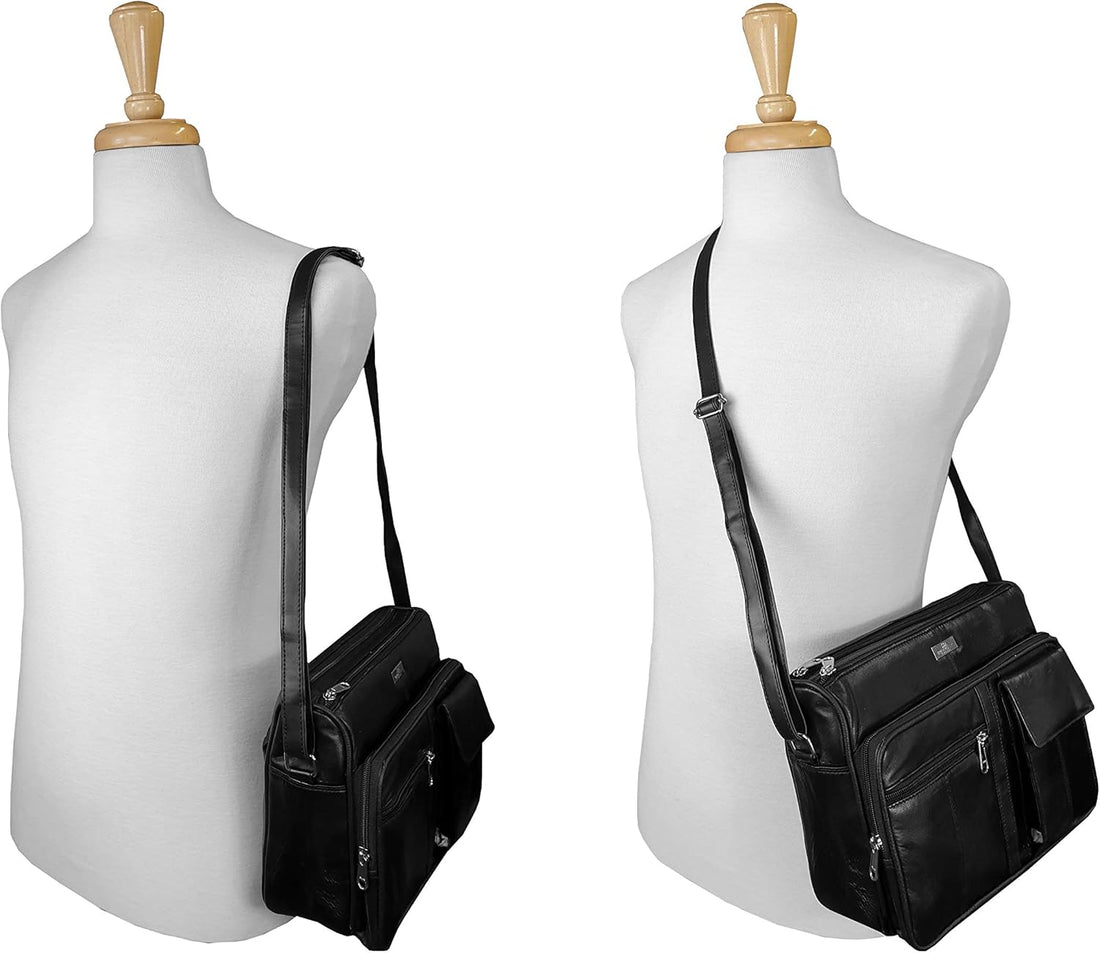 Quenchy London Ladies Real Leather Handbag - Cross Body Shoulder Hand Bag with 6 Pockets – Large Phone Holder – Single Adjustable Across Chest Strap - Designer Satchel Side Style - QL189M