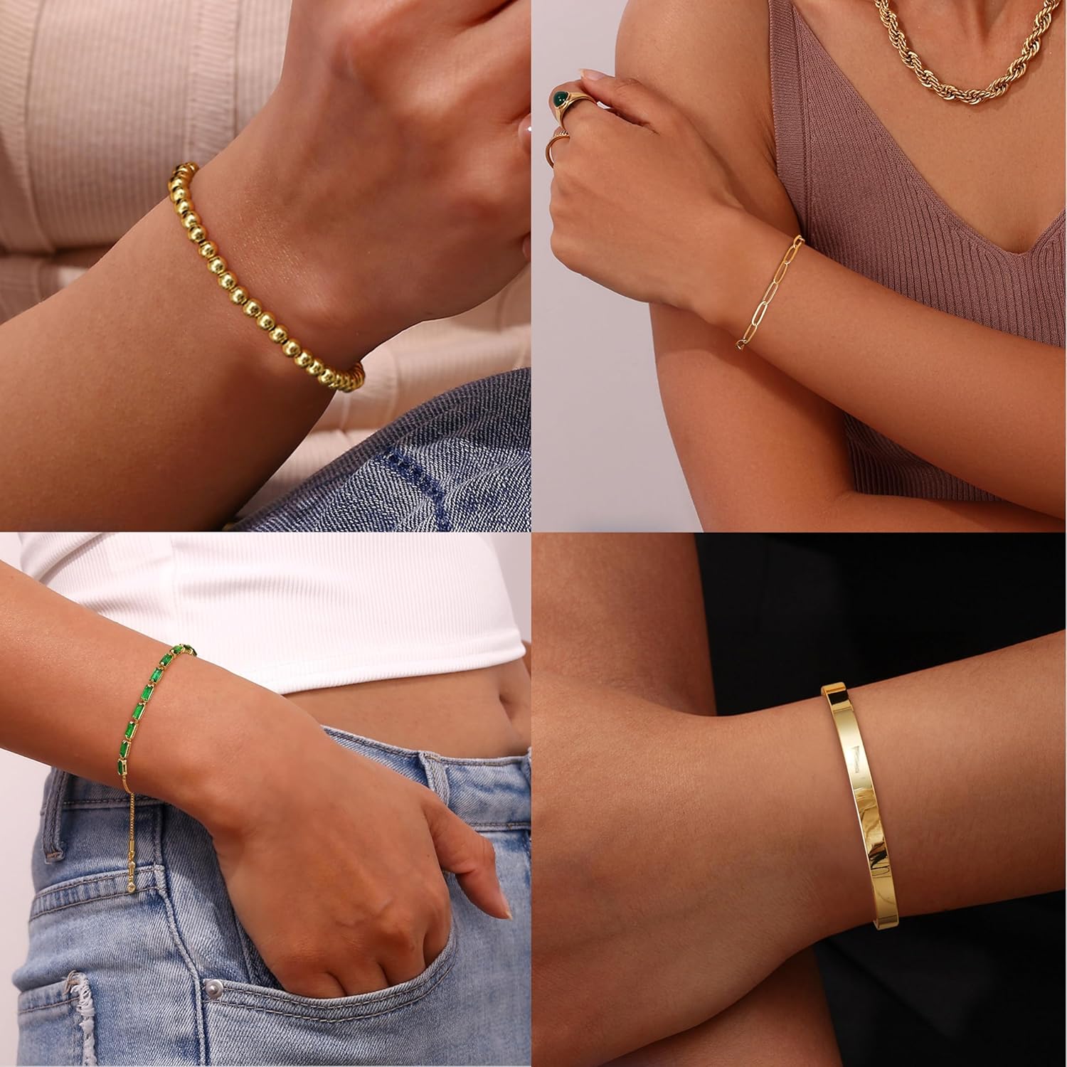 LOLIAS 5 Pcs Gold Bracelets for Women 14k Real Gold Bangle Cuff Bracelet Set Hypoallergenic Gold Beaded Paperclip CZ Tennis Cuban Chain Bracelet Stacking Bracelets Gold Jewellery for Women