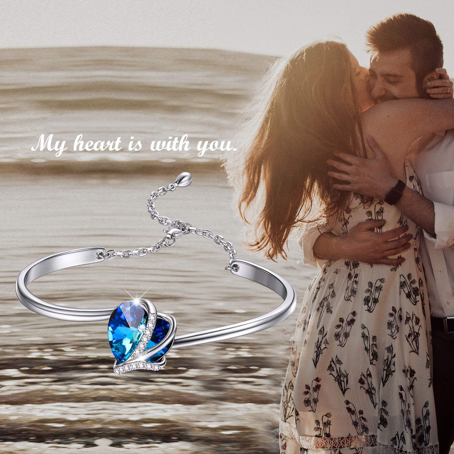 AOBOCO Sterling Silver Love Heart Adjustable Bangle Bracelet for Women, Mothers Day Wedding Anniversary Jewellery Gifts for Mum Wife Girlfriend Her