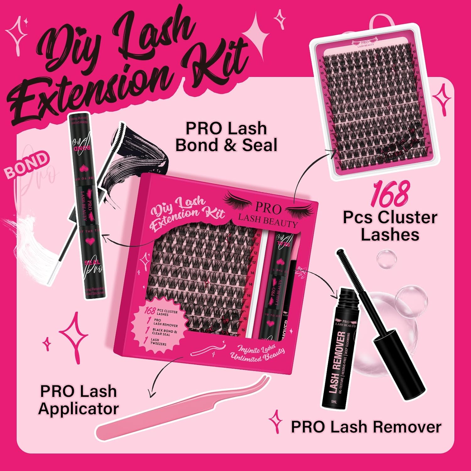 PRO Lash Clusters Kit DIY Lash Extension Kit with 168 Pcs Individual Lashes Cluster Lashes Bond and Seal Eyelash Applictor Lash Remover Eyelash Extension Kit for Beignner(Into You-01 Kit)