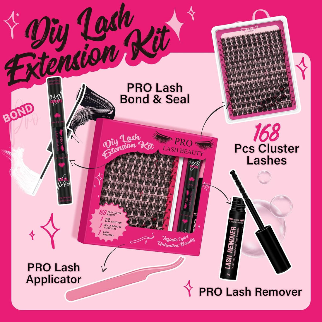 PRO Lash Clusters Kit DIY Lash Extension Kit with 168 Pcs Individual Lashes Cluster Lashes Bond and Seal Eyelash Applictor Lash Remover Eyelash Extension Kit for Beignner(Into You-01 Kit)