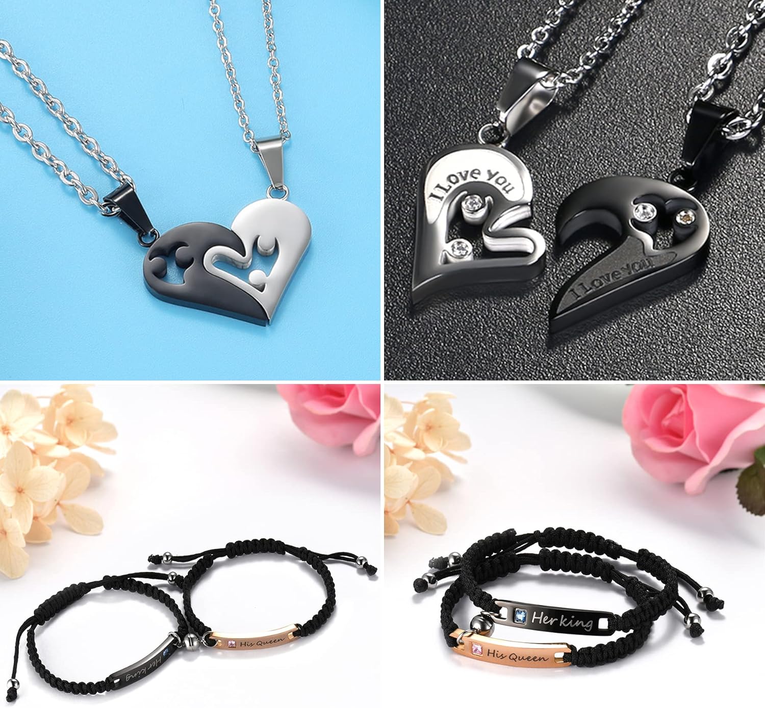 Cupimatch 4pcs His Queen Her King Couple Braided Rope Bracelet I Love You Rhinestone Heart Puzzle Matching Pendant Necklace His and Hers Jewelry Set
