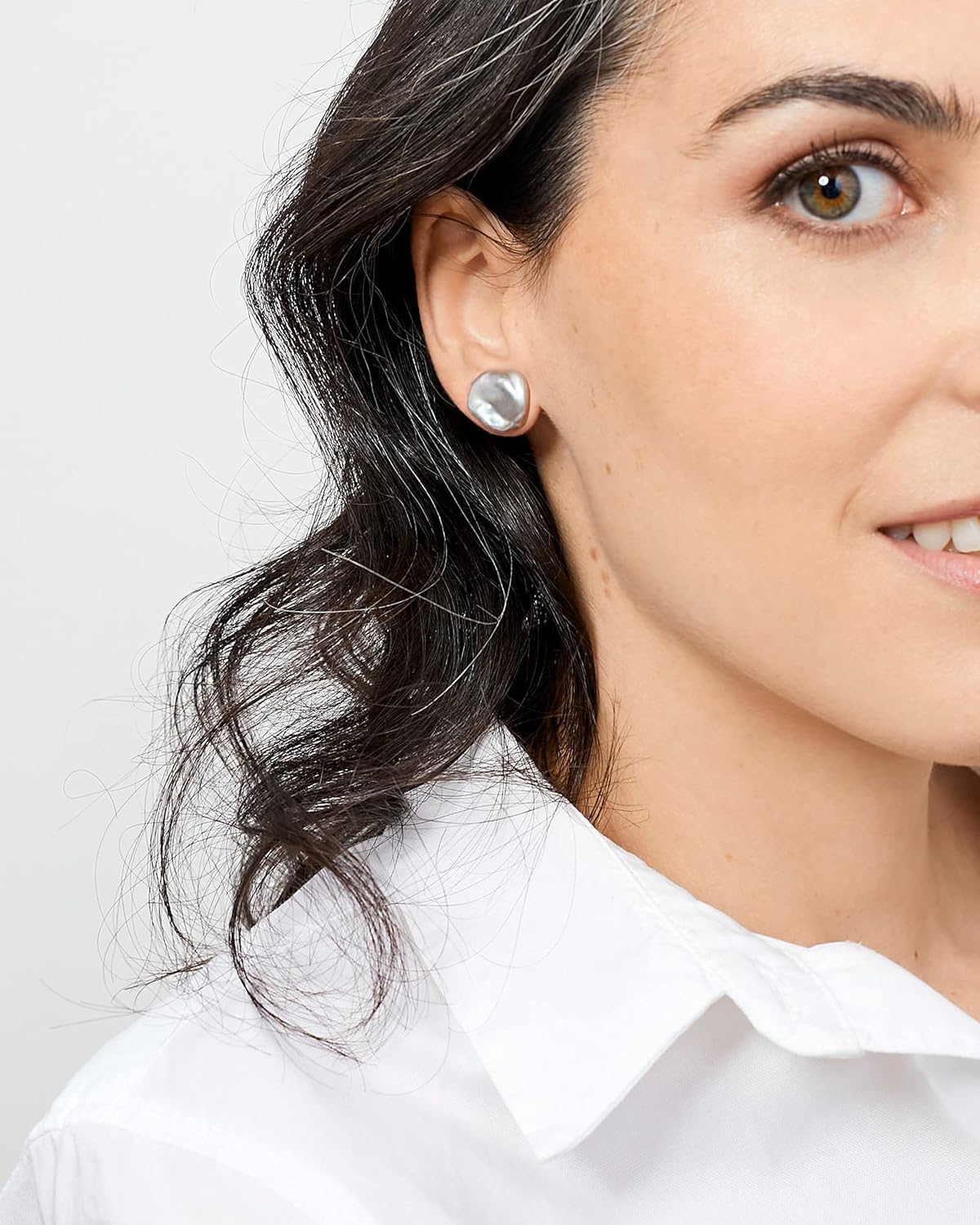 Woman Pearl Earrings Freshwater Cultured Keshi Pearls in White and Gray by SECRET & YOU | Sterling Silver 925 | Available in 10 sizes from 7-8 mm to 15-16 mm