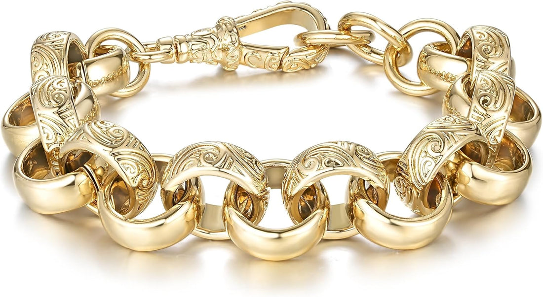 12mm/18mm Gold Ornate/Crystal Pattern Belcher Bracelet, 8-Inch, PVD Gold Plated – Bling King London