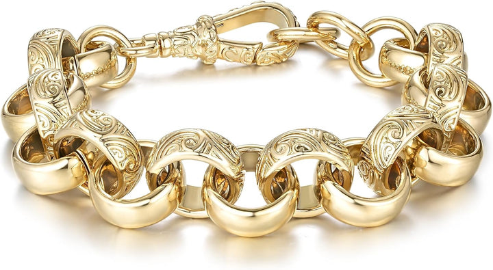 12mm/18mm Gold Ornate/Crystal Pattern Belcher Bracelet, 8-Inch, PVD Gold Plated – Bling King London