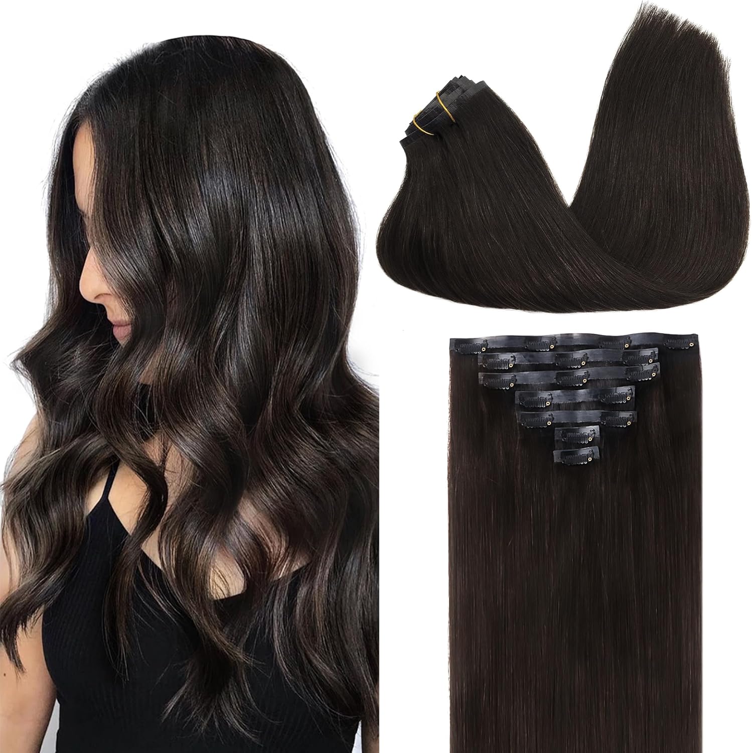 GOO GOO Seamless Clip in Human Hair Extensions, 16inch 110g 7pcs, Hair Extensions Clip in, 2 Dark Brown
