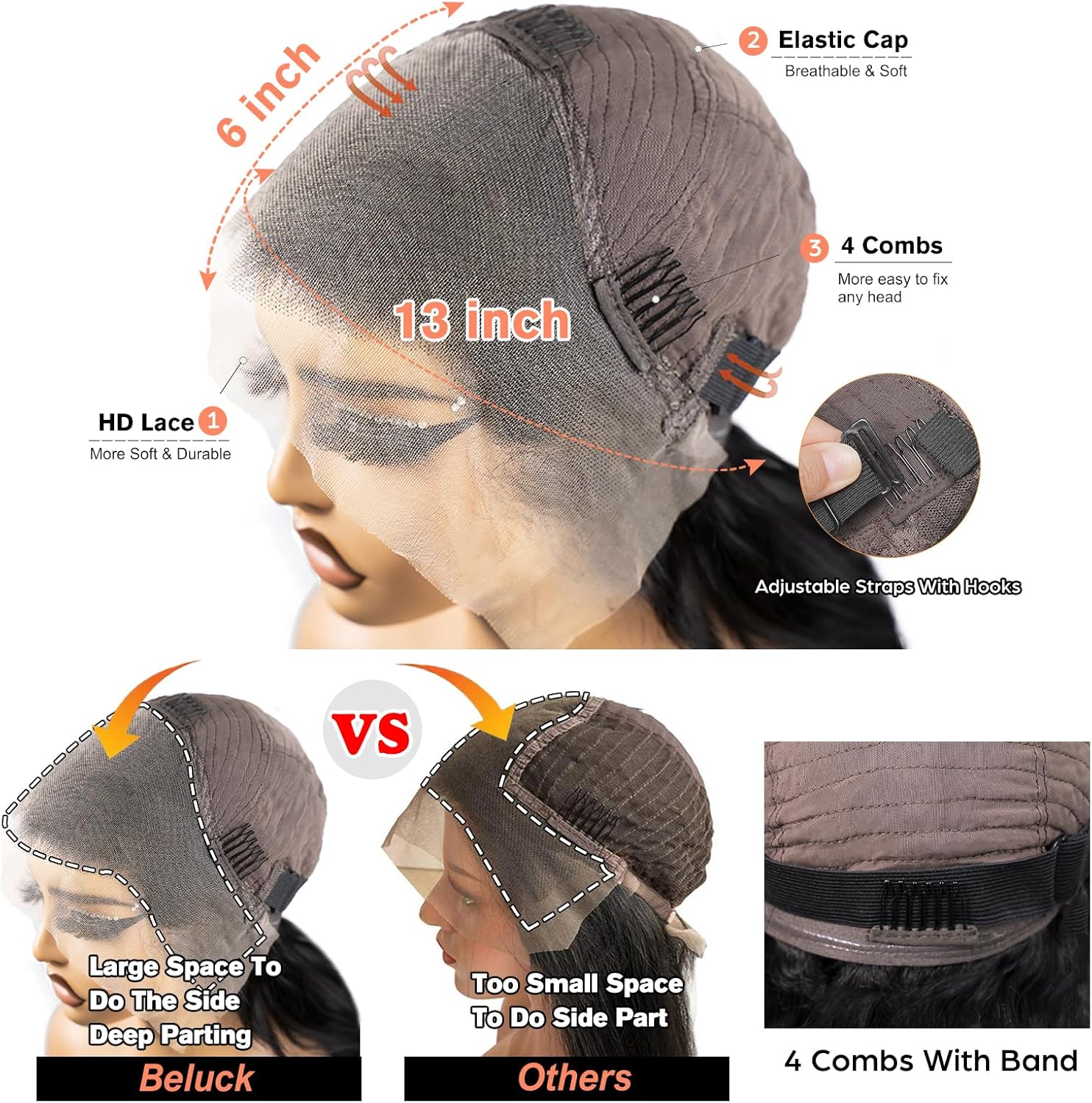 Beluck 250 Density Glueless Human Hair Wig For Black Women, 13x6 HD Lace Front Wigs Human Hair Pre Plucked Baby Hair, Body Wave Lace Front Wig Black Frontal Wigs Real Brazilian Human Hair 20 Inch