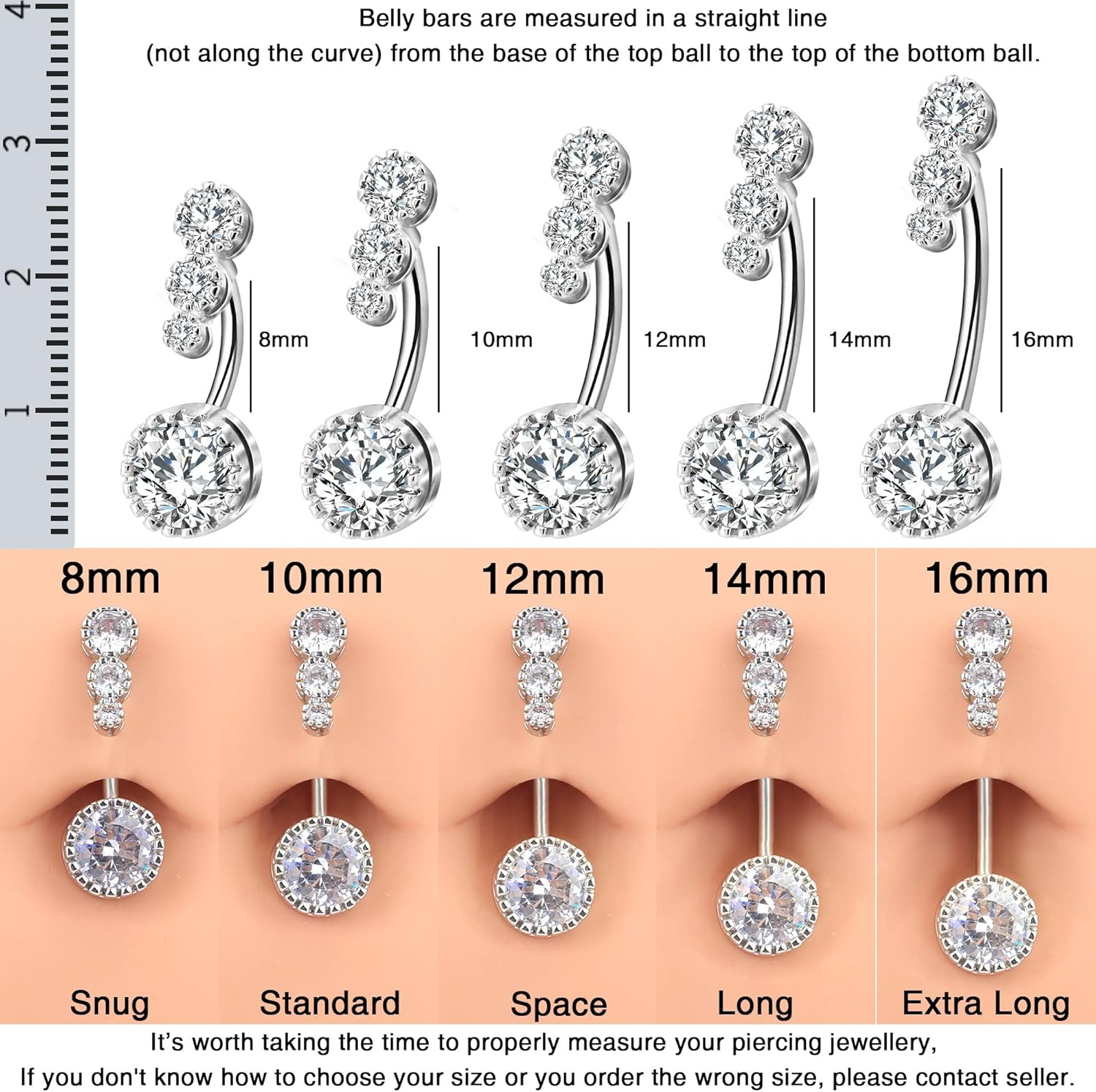 OUFER 14G Belly Bars 8/12/14mm Clear CZ Belly Rings Navel Rings 316L Surgical Steel Belly Piercing Jewellery Women Gift