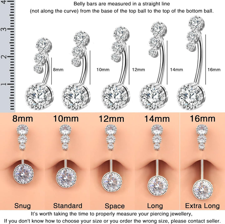 OUFER 14G Belly Bars 8/12/14mm Clear CZ Belly Rings Navel Rings 316L Surgical Steel Belly Piercing Jewellery Women Gift
