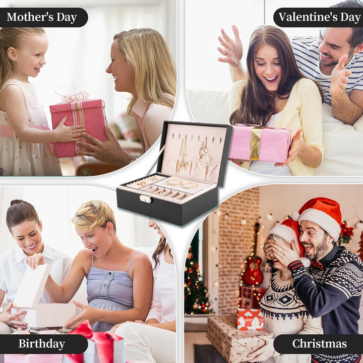 Jewellery Box Organiser Jewelry Storage Box for Women Girl, 2 Layers, Leather Jewellery Organiser Box with Removable Tray & Hangers for Necklace Earrings Rings Bracelets, Lockable Design Black