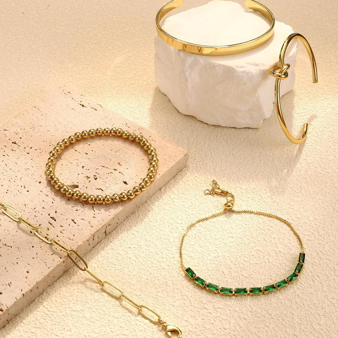 LOLIAS 5 Pcs Gold Bracelets for Women 14k Real Gold Bangle Cuff Bracelet Set Hypoallergenic Gold Beaded Paperclip CZ Tennis Cuban Chain Bracelet Stacking Bracelets Gold Jewellery for Women