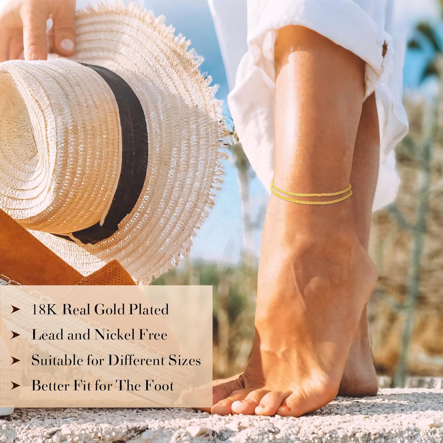 Kenivira Anklets for Women, Dainty Layered Waterproof Adjustable Anklet Set, Beaded Rope Link Beach Ankle Bracelets