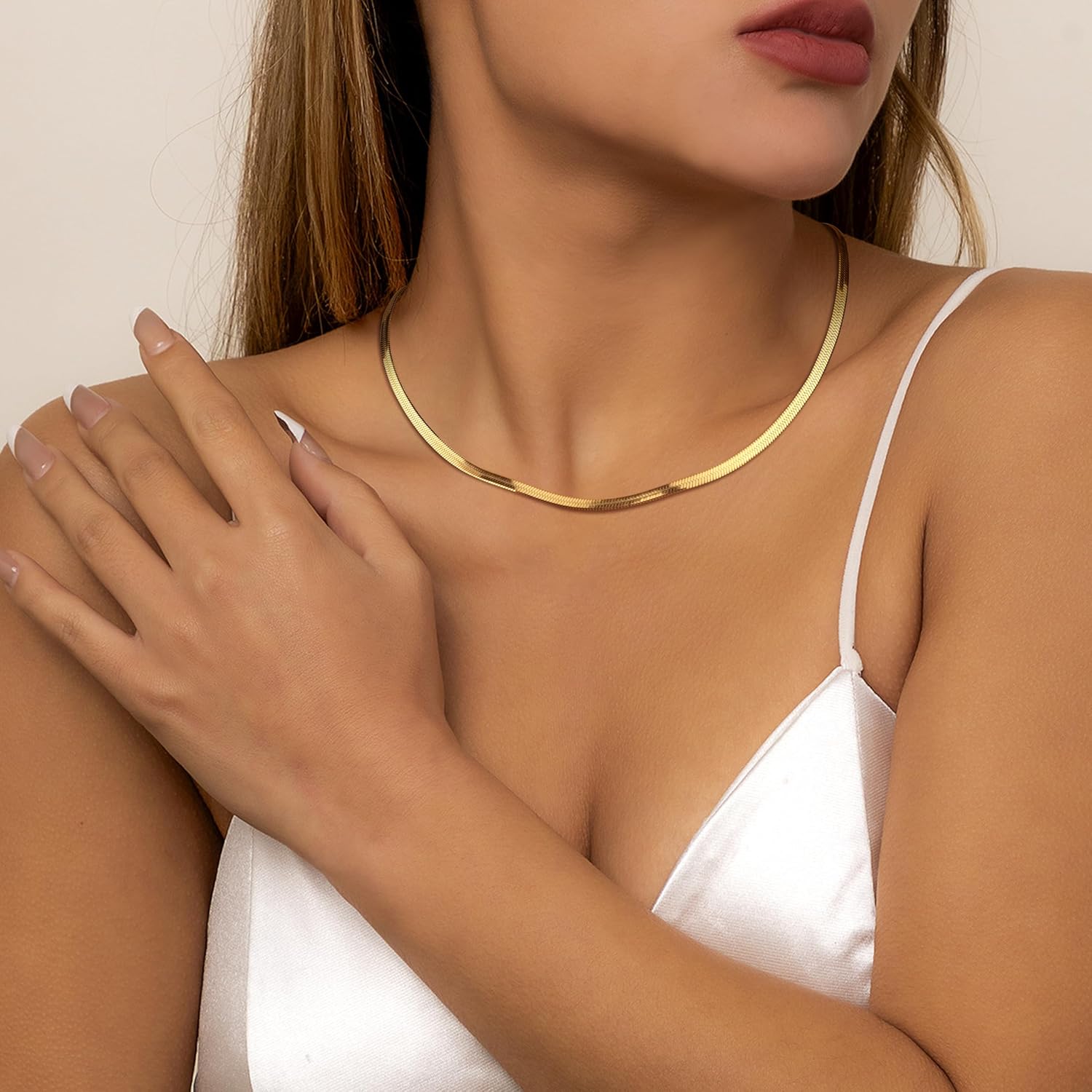 Finrezio 14K Gold Necklace Gold Plated Snake Chain Necklace for Women Gold Necklace Chain Herringbone Stainless Steel Necklace for Womens Layered Adjustable Necklace Jewellery 3/5MM(W) 14"/15"/16"(L)