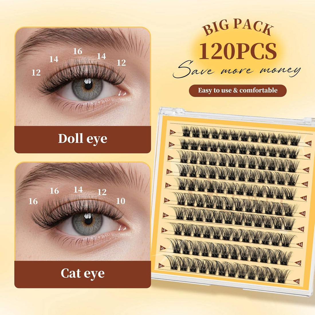 QUEWEL Pre Glued Eyelashes Natural Lash Clusters, 120PCS Big Pack C Curve Pre Glued Cluster Lashes, Strong Hold 10-16MM No Glue Needed Self Adhesive Eyelashes DIY at Home(120-MJ02)