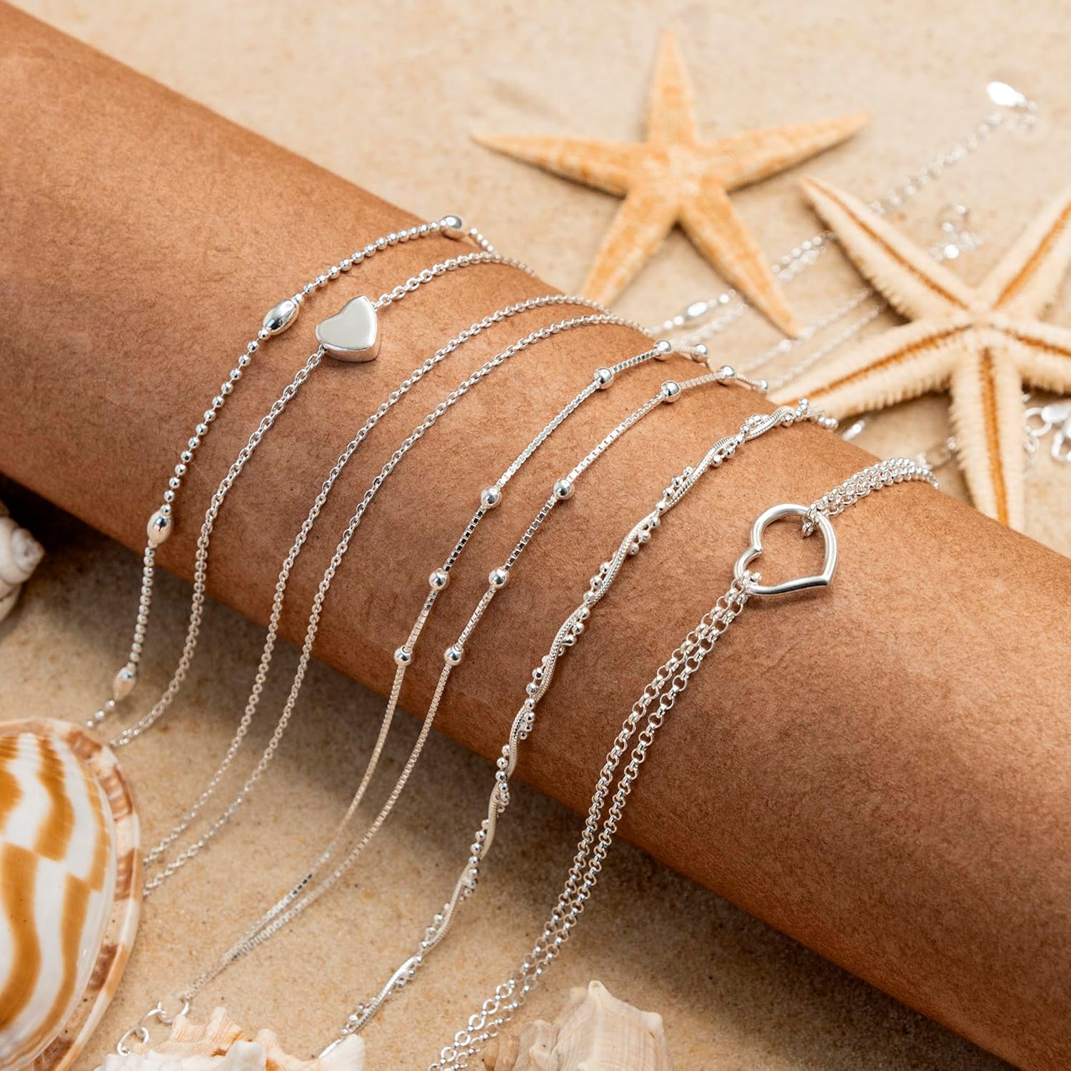 Amberta Italian Sterling Silver Anklet for Women 925 | Adjustable Ankle Bracelets for Women Beaded Heart Summer Jewellery