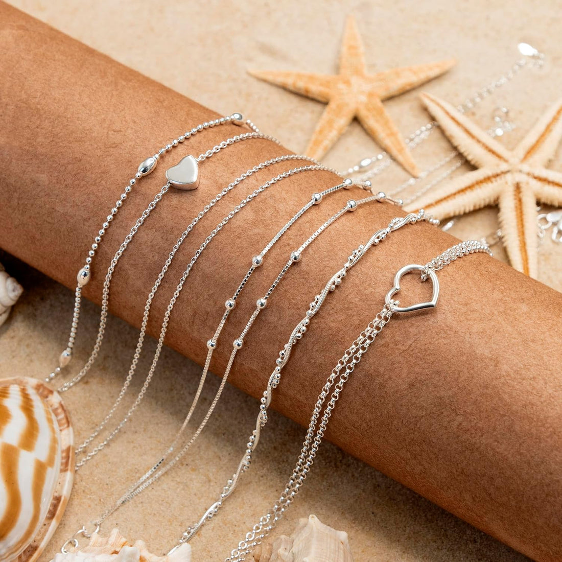 Amberta Italian Sterling Silver Anklet for Women 925 | Adjustable Ankle Bracelets for Women Beaded Heart Summer Jewellery