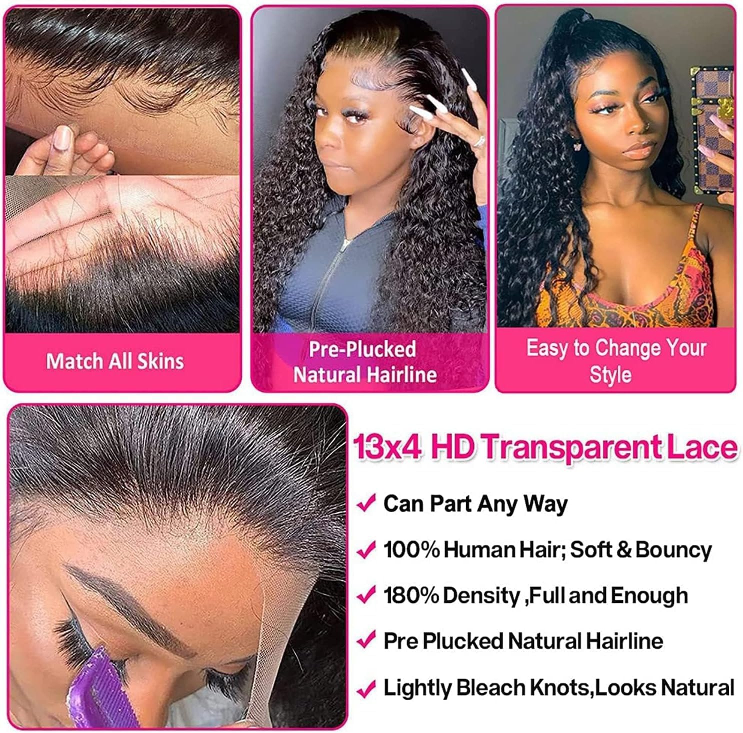 Bele Water Wave 13x4 Lace Front Wigs Human Hair 180% Density 26 inch Brazilian Deep Water Transparent Lace Front Wigs for Women Curly Hair Wig Natural Color