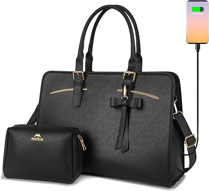 MATEIN Ladies Laptop Bags for Women Stylish, Leather Laptop Handbag with Notebook Compartment Designer Ladies Briefcase Work Bags for Women 15.6 Inch Laptop Tote Handbag for School, Office, Black