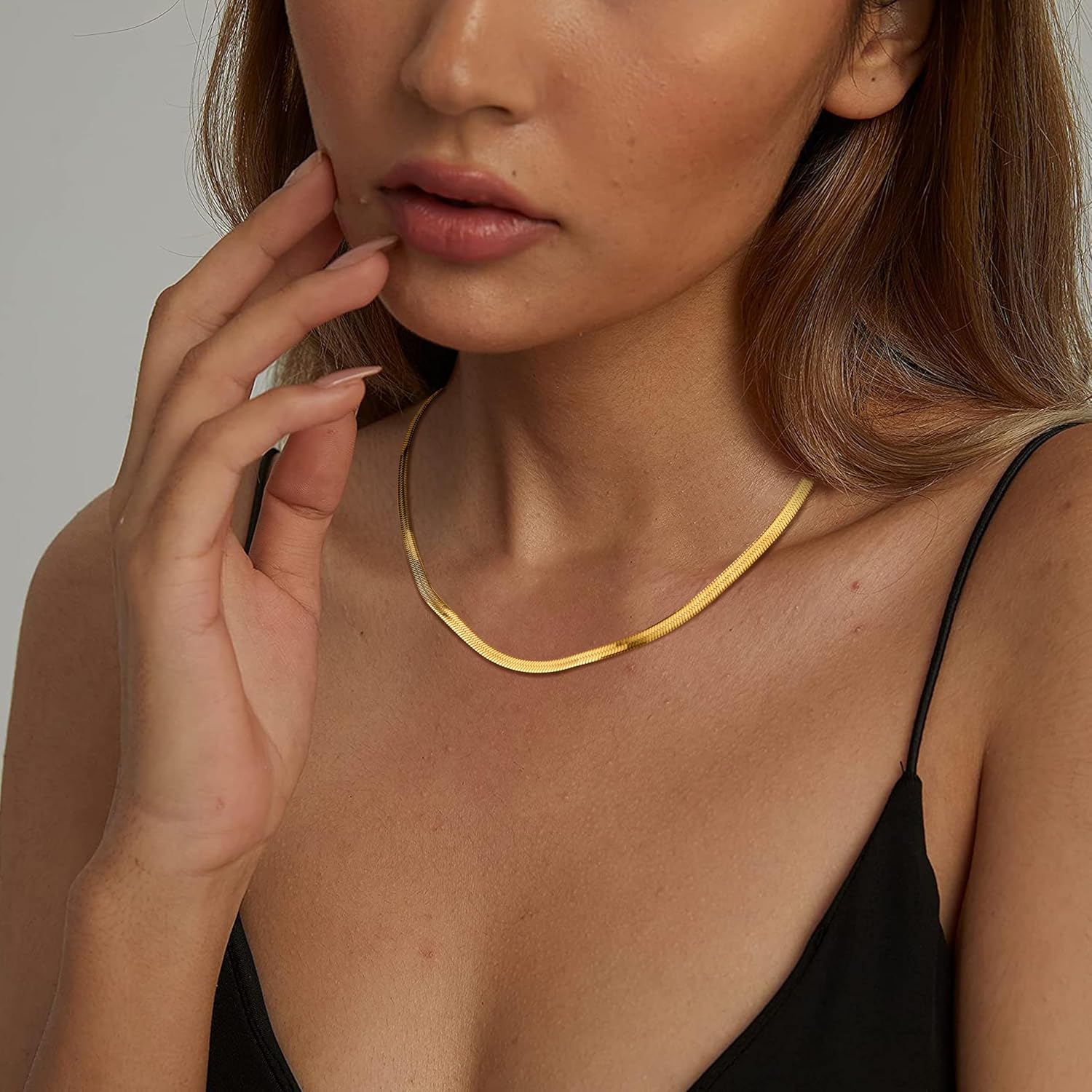 Finrezio 14K Gold Necklace Gold Plated Snake Chain Necklace for Women Gold Necklace Chain Herringbone Stainless Steel Necklace for Womens Layered Adjustable Necklace Jewellery 3/5MM(W) 14"/15"/16"(L)